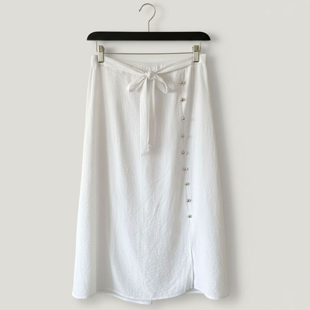 NYCC Women's White Midi Long Button Elastic Waist Tie Front Skirt Size S - Picture 2 of 7